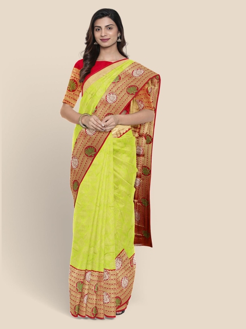 

KLM Fashion Mall Lime Green & Red Silk Blend Woven Design Kanjeevaram Saree