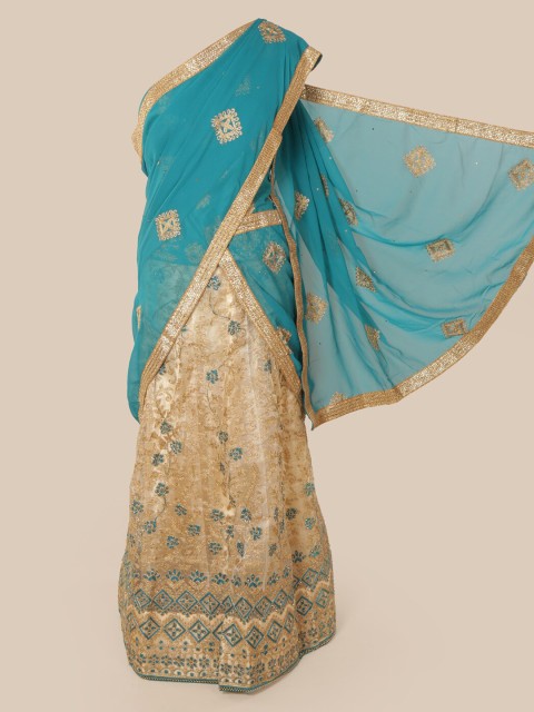 

Pothys Blue & Beige Poly Chiffon Woven Design Lehenga Saree