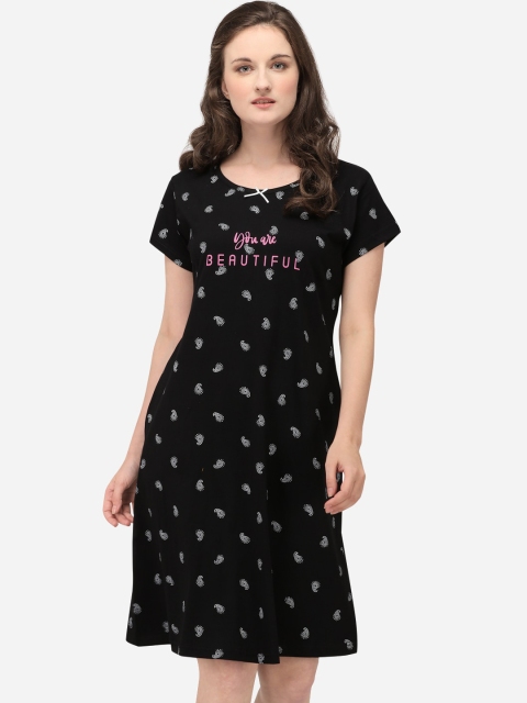 

Lenissa Women Black & White Printed Cotton Sleepshirt
