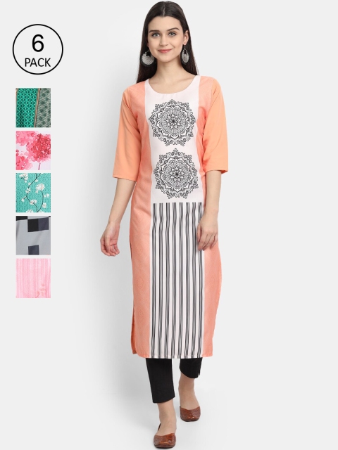 

Ethnic basket Women Pack Of 6 Printed Crepe Kurtas, Multi