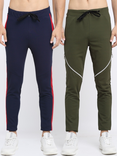 

NEUDIS Men Pack of 2 Navy Blue & Olive Green Solid Slim-Fit Track Pants