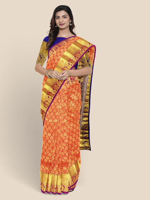 

Kalamandir Orange Silk Blend Woven Design Kanjeevaram Saree
