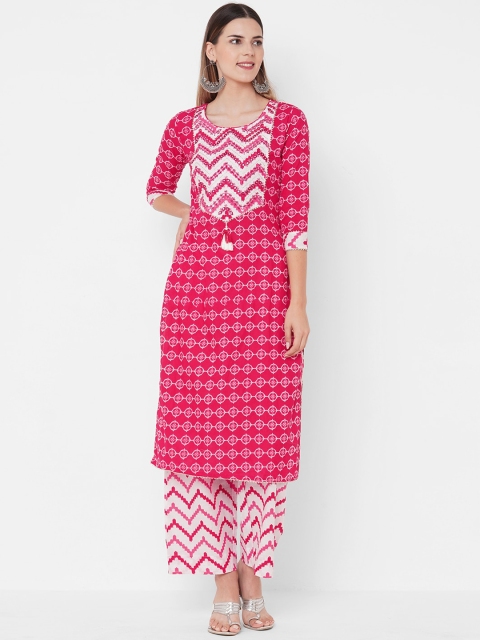 

FASHOR Women Pink & White Embroidered Straight Pure Cotton Kurta with Trousers
