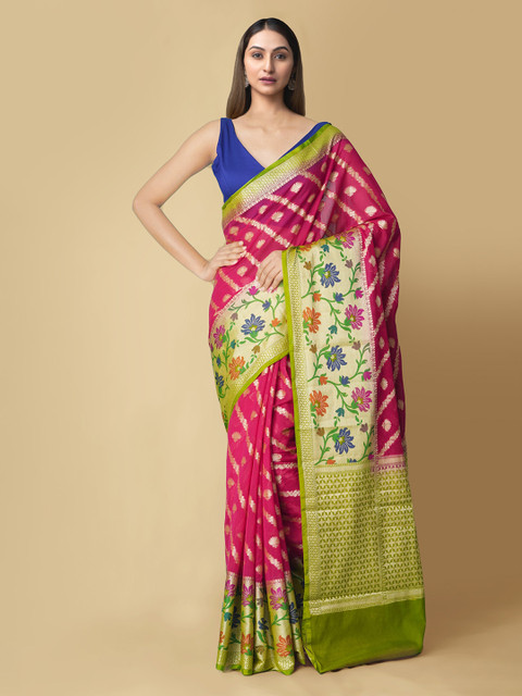 

Unnati Silks Pink & Gold-Toned Silk Cotton Woven Design Banarasi Saree