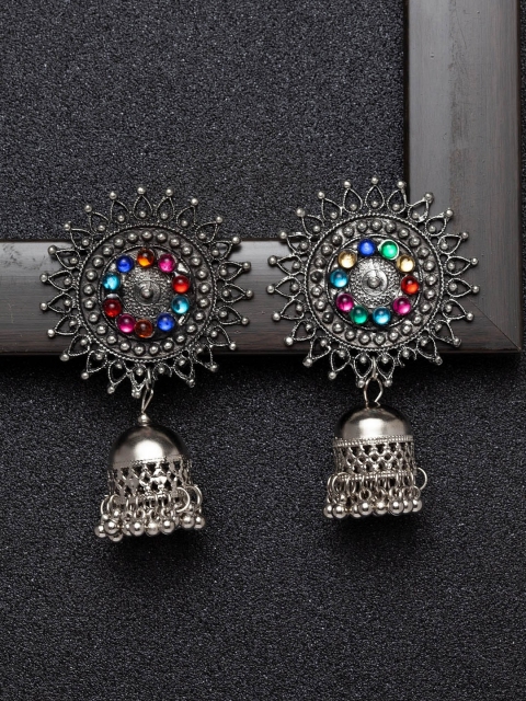 

Ibtida Pink & Blue Oxidised Silver-Toned Rhodium-Plated Stone-Studded Jhumkas