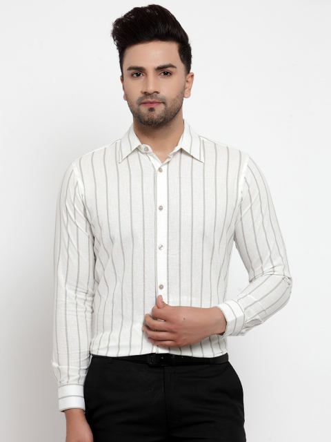 

Purple State Men White & Grey Cotton Slim Fit Striped Casual Shirt