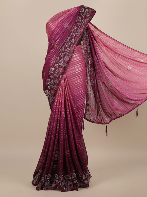 

Pothys Pink Striped Poly Chiffon Saree