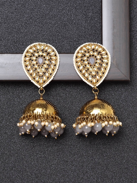 

Ibtida Grey Gold-Plated Stone Studded & Beaded Handcrafted Dome Shaped Jhumkas