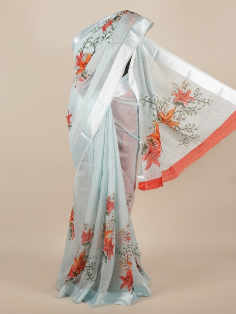 

Pothys Turquoise Blue Floral Printed Jute Silk Saree