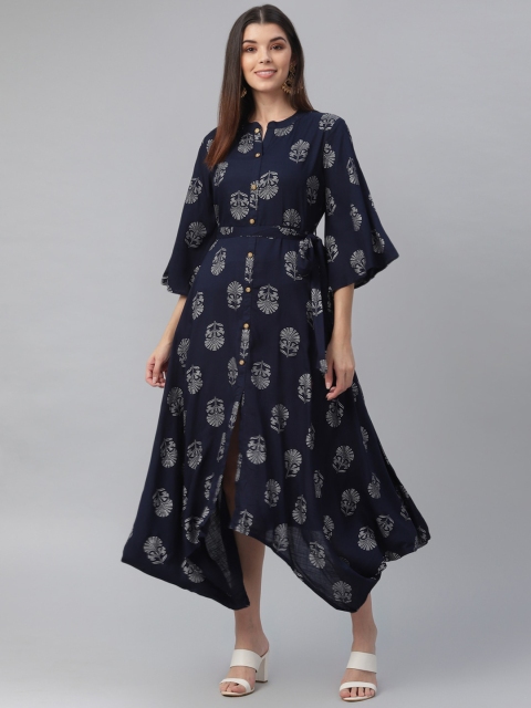 

nesara Navy Blue & White Ethnic Motifs Shirt Midi Dress