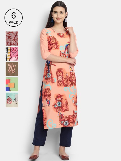 

Ethnic basket Women Pack Of 6 Printed Crepe Kurtas, Multi