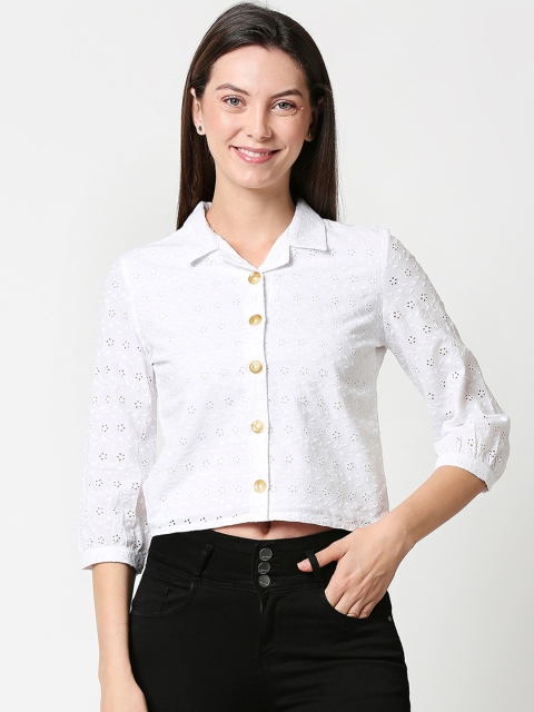 

Kraus Jeans Women White Pure Cotton Schiffli Embroidered Cropped Shirt