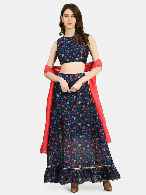 

Myshka Navy Blue & Green Printed Unstitched Lehenga & Blouse with Dupatta