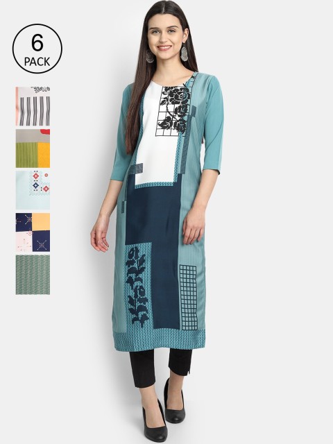 

Ethnic basket Women Pack Of 6 Ethnic Motifs Embroidered Thread Work Crepe Kurta, Blue