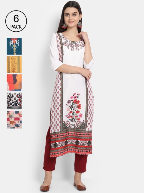 

Ethnic basket Women Pack Of 6 Printed Crepe Kurta, White
