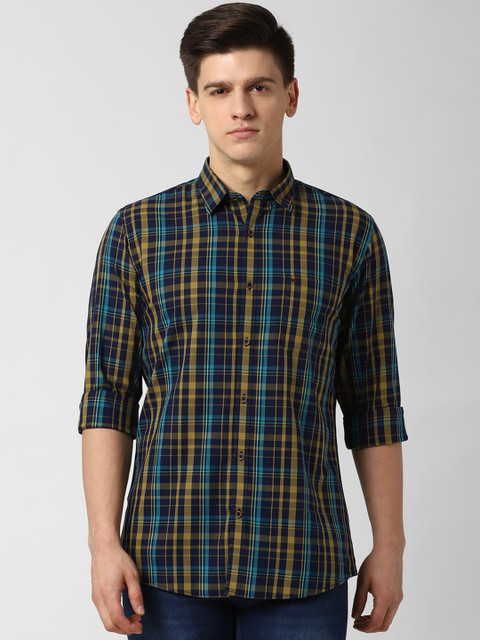 

Peter England Casuals Men Navy Blue & Yellow Regular Fit Checked Casual Shirt