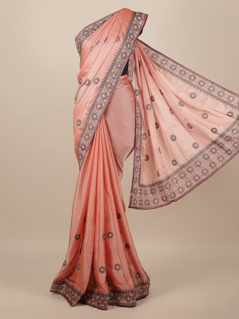 

Pothys Peach-Coloured Embellished Poly Chiffon Saree
