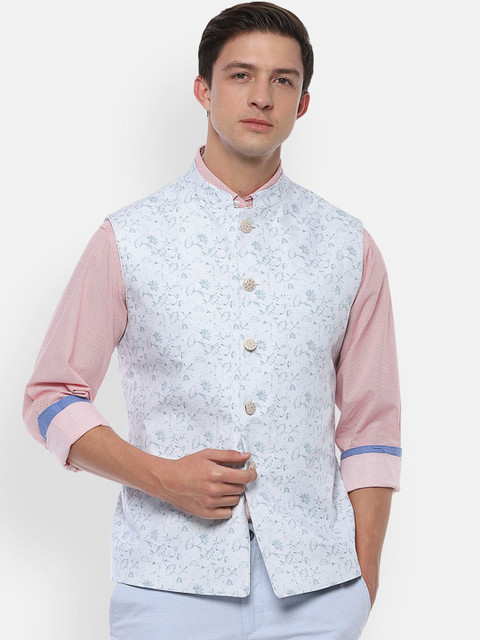 

V Dot Men Blue Printed Nehru Jacket