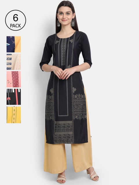 

Ethnic basket Women Pack of 6 Ethnic Motifs Printed Crepe Kurta, Black