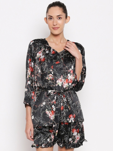

XIN Women Black & Red Printed Night Suit With Robe
