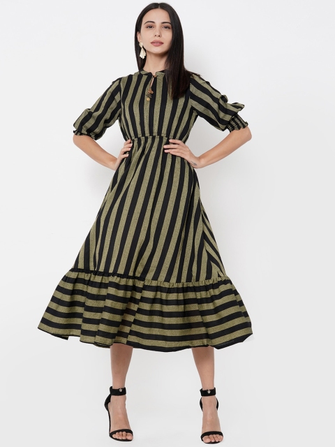 

FASHOR Women Olive Green & Black Striped Tiered Midi Dress