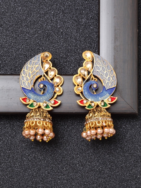 

Ibtida Grey & Blue Gold-Plated Stone Studded & Beaded Handcrafted Enamelled Jhumkas