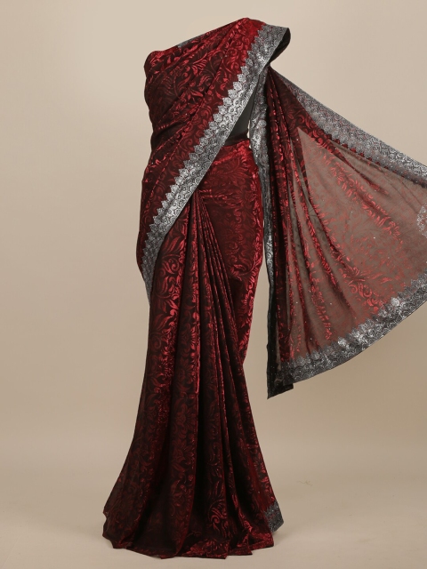 

Pothys Maroon & Silver-Toned Jute Silk Woven Design Saree