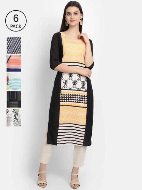 

Ethnic basket Women Pack Of 6 Multicoloured Ethnic Motifs Printed Crepe Kurtas, Multi