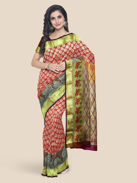 

KLM Fashion Mall Orange Silk Blend Printed Kanjeevaram Saree