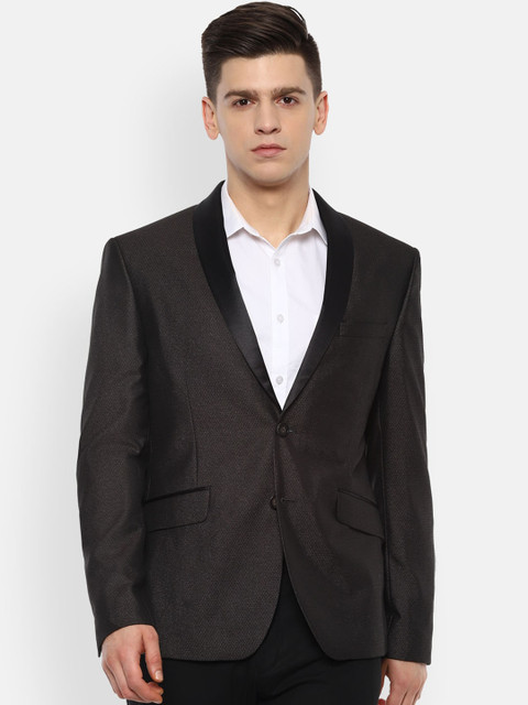 

V Dot Men Brown Self-Design Tuxedo Formal Blazer