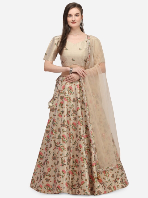

NAKKASHI Beige & Pink Printed Semi-Stitched Lehenga & Unstitched Blouse with Dupatta