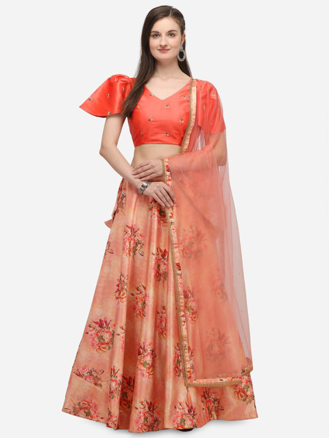 

NAKKASHI Peach-Coloured & Green Embroidered Semi-Stitched Lehenga & Unstitched Blouse with Dupatta