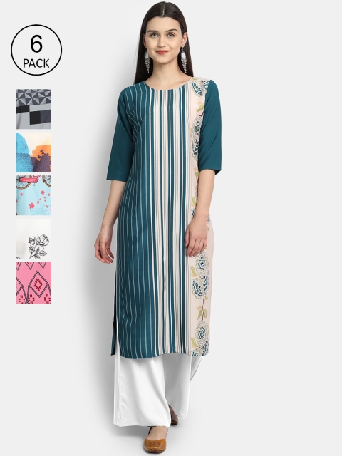 

Ethnic basket Women Pack Of 6 Ethnic Motifs Printed Crepe Kurta, Multi