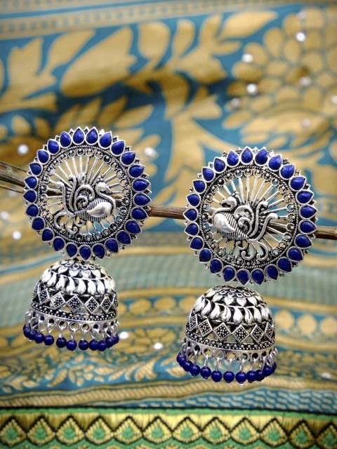 

Crunchy Fashion Blue Oxidised Silver-Plated Stone Studded & Beaded Dome Shaped Jhumkas