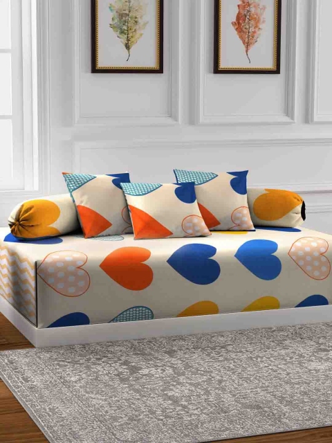 

KLOTTHE White & Orange Quirky Printed Cotton Bedsheet With Bolster & Cushion Covers