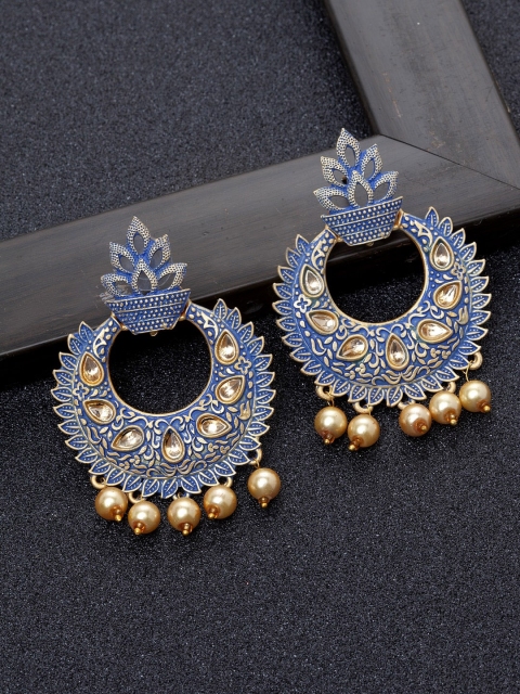 

Ibtida Blue Gold-Plated Studded & Beaded Crescent Shaped Enaelled Chandbalis