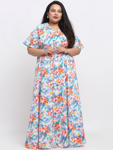 

sindrellastorie Women Plus Size White & Blue Floral Print Maxi Dress