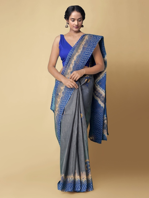 

Unnati Silks Grey & Blue Pure Cotton Hand Block Printed Kota Sustainable Saree