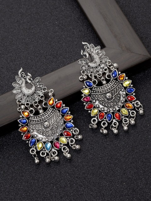 

Ibtida Silver-Toned & Red Rhodium Plated Oxidised Stone Studded Classic Drop Earrings