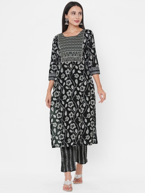 

FASHOR Women Black & White Floral Printed Regular A-Line Pure Cotton Kurta with Trousers