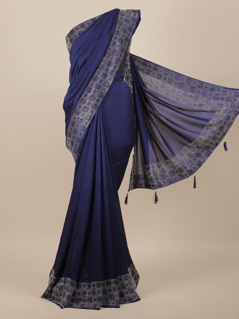 

Pothys Navy Blue Solid Jute Silk Saree With Embellished Border