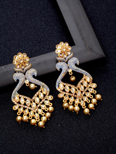 

Ibtida Grey Gold-Plated Stone-Studded & Beaded Enamelled Handcrafted Drop Earrings