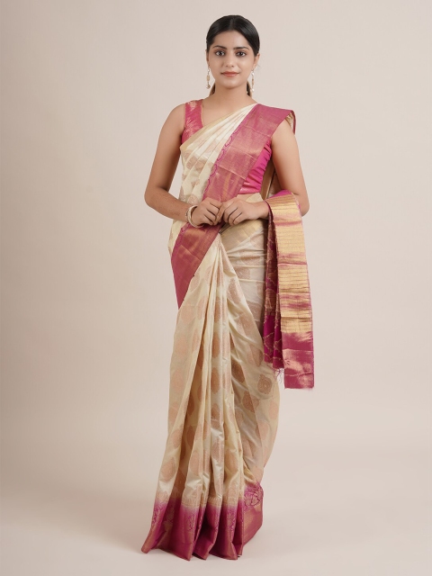 

Pothys Cream-Coloured & Pink Jute Silk Woven Design Saree
