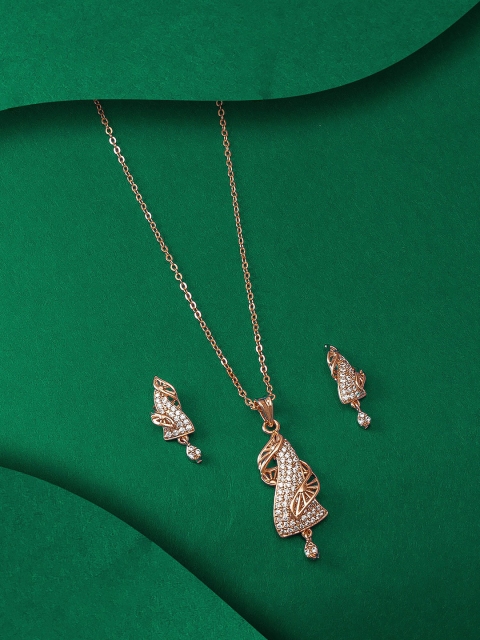 

aadita Rose Gold & White Studded Pendant Set