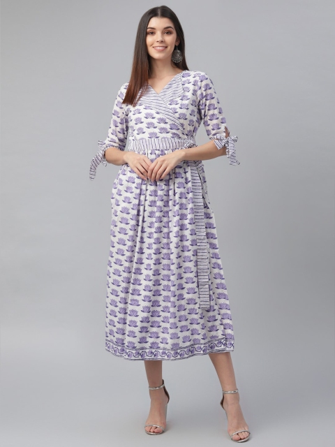 

nesara Women Purple & White Printed Wrap Midi Dress With Tie-Ups