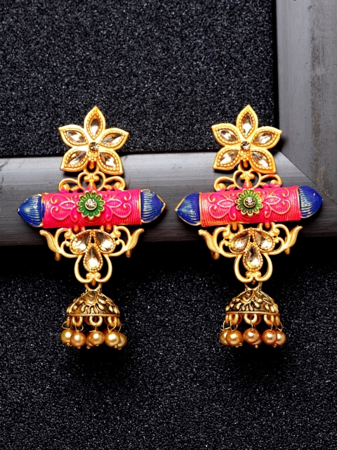

Ibtida Pink & Blue Gold-Plated Studded Meenakari Classic Drop Earrings