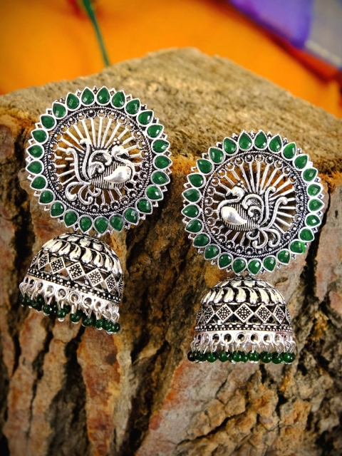

Crunchy Fashion Green Oxidised Silver-Plated Stone Studded & Beaded Dome Shaped Jhumkas
