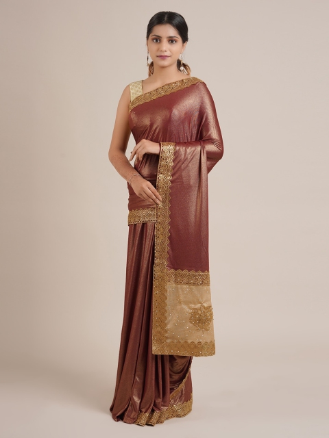 

Pothys Brown Solid Poly Chiffon Saree With Embellished Border