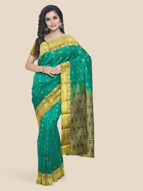 

KLM Fashion Mall Green & Golden Silk Blend Woven Design Kanjeevaram Saree