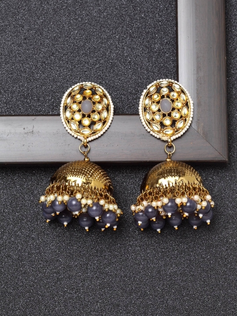 

Ibtida Grey Gold-Plated Stone-Studded & Beaded Handcrafted Jhumkas